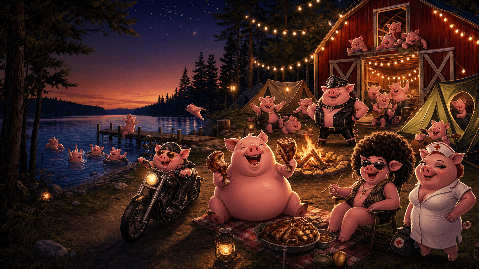 Pink pig characters camping by a lake, barn, tents, and campfire.